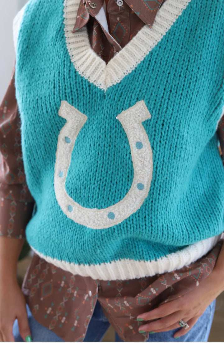 Turquoise V Neck Horseshoe Sweater-RESTOCK!!