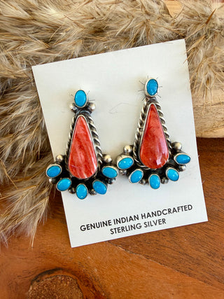 Aldora Henry Navajo Turquoise & Spiny Oyster Sterling Silver Stud Earrings
