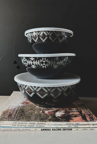 Super Fly Western Aztec Bowl Set with Lids – Black & White Ranch Kitchen Nesting Bowls