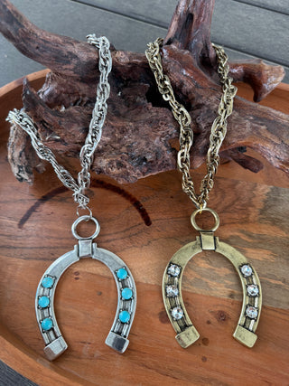 Western Horseshoe Pendant Necklace – Turquoise or Crystal Accents | Rustic Cowgirl Statement Jewelry- Gold Or Silver