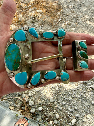Custom Genuine Kingman Turquoise Artisan Belt Buckle Set