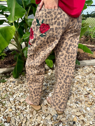 Leopard Rose Barrel Pants for Women | Western Floral Wide Leg Cropped Jeans