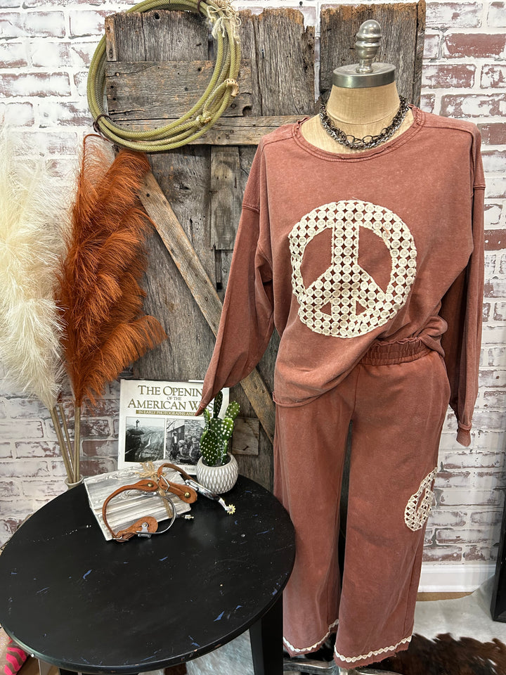 Red Acid Wash Peace Sign Sweat Suit Bottoms ( Matching Top In Separate Listing)