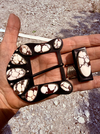Wild Horse Turquoise Belt Buckle Set| Sterling Silver on Oxidized Surgical Steel | Handmade Western Buckle & Keeper