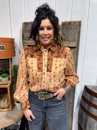 Desert Paisley Cactus Button-Up Top | Western Print Blouse