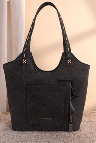 Back of Trinity Ranch Coffee Cowhide Tooled Tote Bag -Concealed Carry 