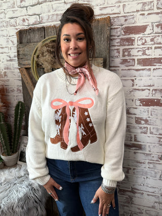 Cowboy Boots & Bow Sweater – Western Graphic Knit Pullover in Cream