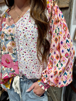 Boho Mixed Print Floral Peasant Top