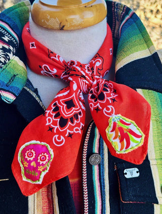 Fiesta Sugar Skull Bandana | Red Western Wild Rag with Sugar Skull & Chili Pepper Patches