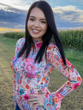 Patchwork Prairie Floral Mesh Bell Sleeve Top