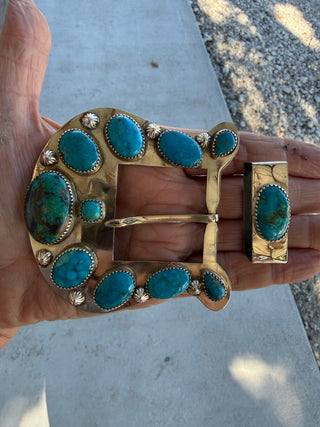 Custom Authentic Kingman Turquoise Statement Belt Buckle Set