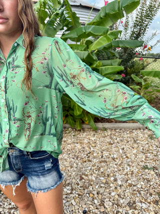 Turquoise Haven Mesh Cactus Print Western Top | Desert Cowgirl Button Front Blouse
