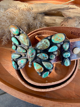 Kingman Turquoise Butterfly German Silver Belt Buckle Set