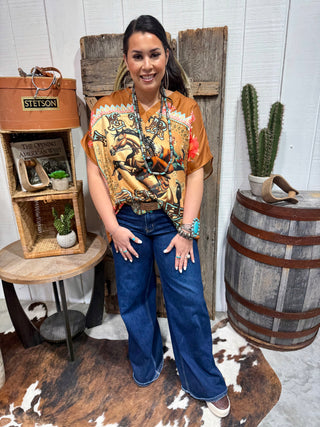 Let Er Buck -Western Rodeo Bandana Poncho Top – Bucking Horse Floral Cowgirl Blouse-One Size Fits Upto 2X