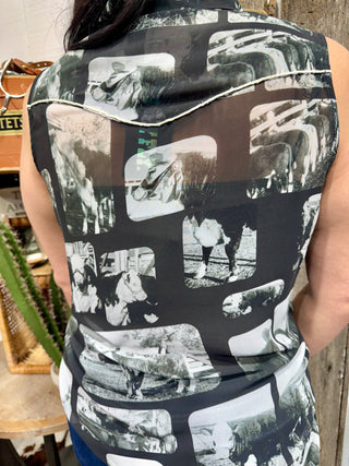 Back of 2 Fly Co Hereford Edit Collage Pearl Snap Top | Sheer Western Cow Print Button Down Sleeveless Top