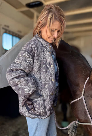 Navy Bandana Quilted Western Jacket – Cozy Cowgirl Layering Coat