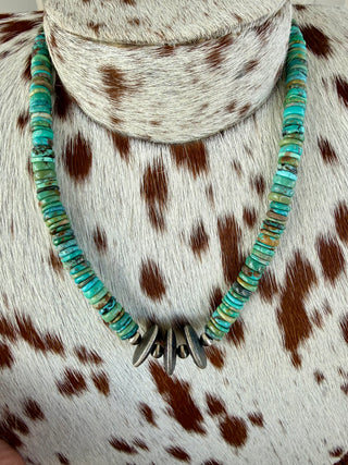 Kingman Heishi Turquoise & Sterling Silver Blossom Necklace-18”