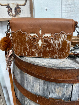Trinity Ranch Hair-On Hide Crossbody Bag with Fleur-de-Lis Detail – Brown