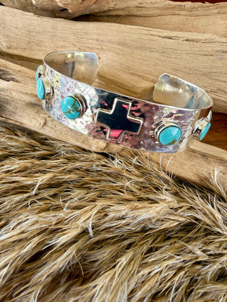 Taxco Sterling Silver Turquoise Cross Cuff Bracelet