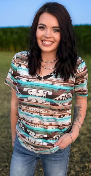 Turquoise Rust Southwestern V-Neck Top