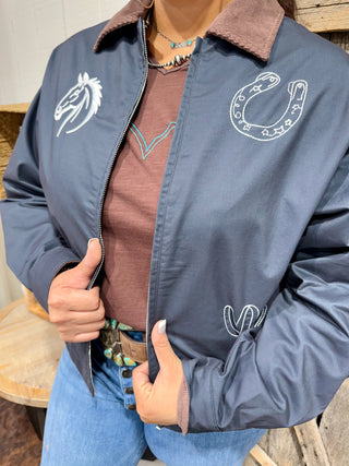 Lucky Rider Western Jacket – Navy Embroidered Horse & Horseshoe Barn Jacket