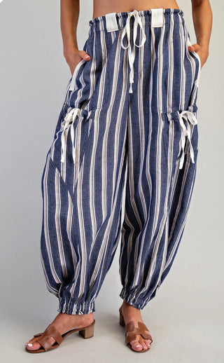Striped Drawstring Cargo Jogger Pants | Relaxed Fit Bottoms-Navy
