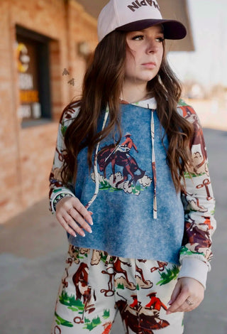 Vintage Ranch Cropped Hoodie – Western Cowboy Print Pullover-2Fly Co 