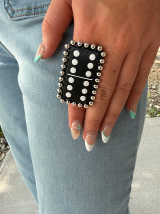 Replica Black Domino Statement Ring with Silver Beaded Border | Adjustable Western Cocktail Ring