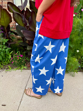Side view French Terry Star Pants | Patriotic Blue & White Wide Leg Lounge Pants