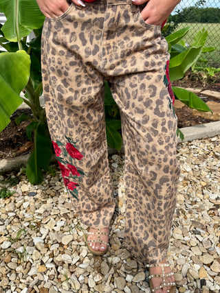 Leopard Rose Barrel Pants for Women | Western Floral Wide Leg Cropped Jeans
