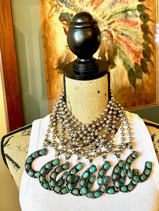 Kingman Turquoise Horseshoe Necklace On Beaded Chain – Western Statement Pendant