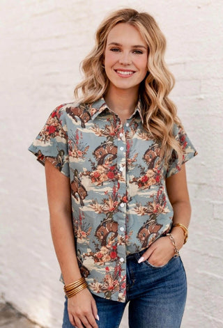 Desert Bloom Bucking Horse Button-Up Top | Western Rodeo Print Blouse