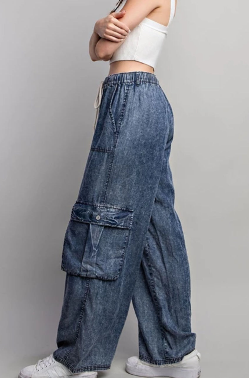 Acid Wash Denim Wide Leg Cargo Pants
