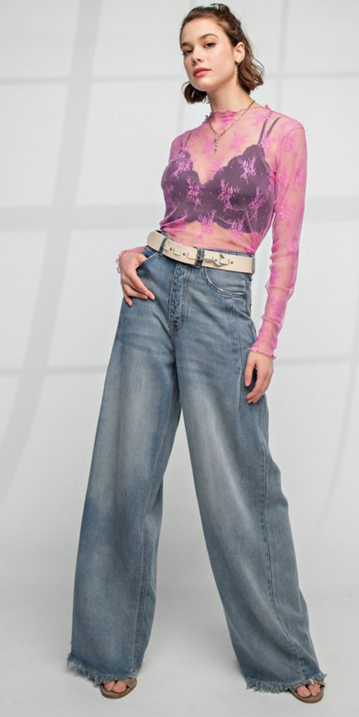 Easel SOFT WASHED WIDE LEG HIGH WAISTED DENIM PANTS