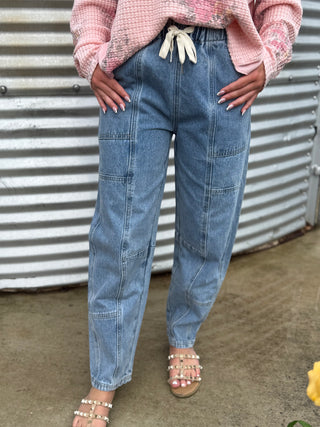 Mid Rise Drawstring Barrel Jeans for Women | Relaxed Fit Lightweight Denim Pants