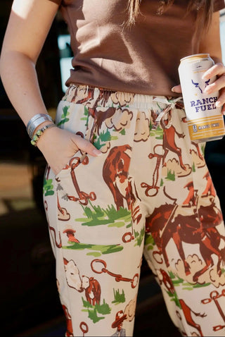 A closeup of 2 Fly Co Vintage Ranch Joggers – Western Cowboy Print Lounge Pants