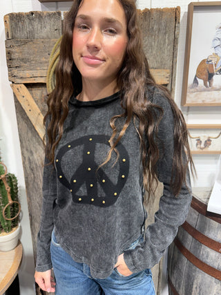 Peace Out Studded Mineral Wash Waffle Knit Top- Black