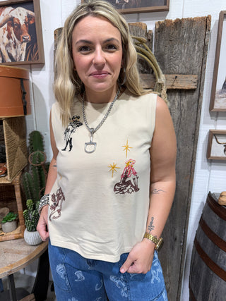 Western Cowgirl Embroidery Tank Top for Women | Cream Sleeveless Graphic Rodeo Tee