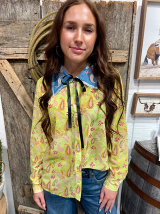 Lime Green Sheer Paisley Western Blouse
