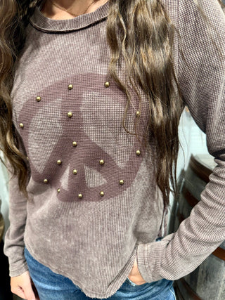 Peace Out Vintage Studded Thermal Top- Brown