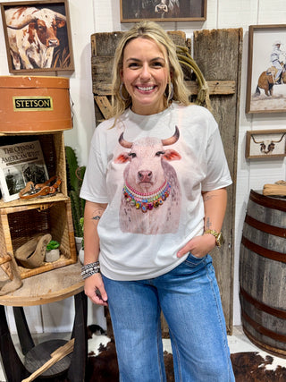 Bling Bling Bull Graphic Tee for Women – Western Cowgirl Brahman Bull Shirt with Colorful Rhinestone Necklace Design