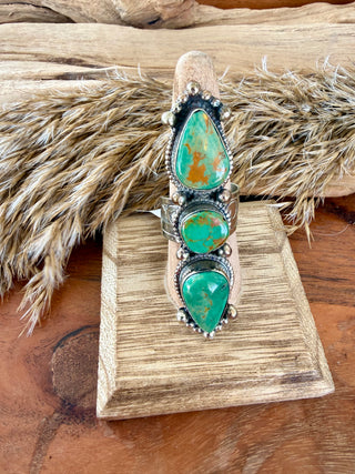 Triple Turquoise Statement Ring | Adjustable German Silver Southwestern Ring
