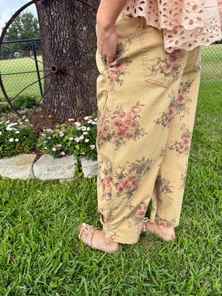 Easel Vintage Floral Barrel Pants | Mineral Washed Cotton Twill Pants- Oatmeal