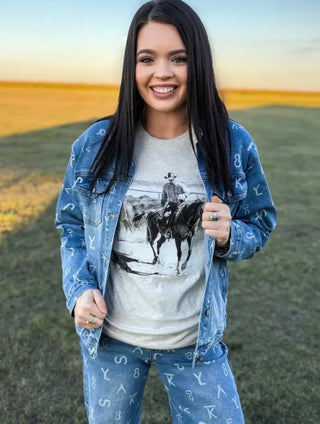 Ranch House Cattle Brand Print Denim Jacket