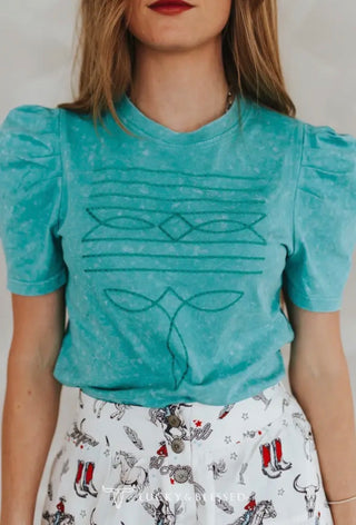Turquoise Western Embroidered Boot Stitch Puff Sleeve Top for Women