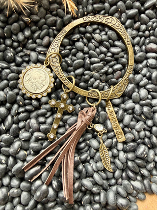 Blessed Western Charm Bangle – Buffalo Coin, Cross, Leather Tassel & Feather