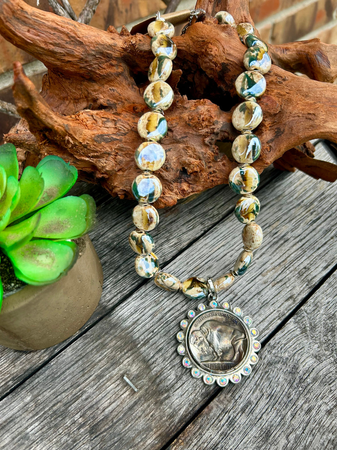 Chunky Ceramic Bead Buffalo Nickel Necklace-Blue