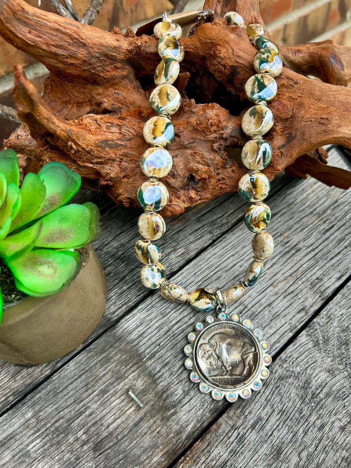 Chunky Ceramic Bead Buffalo Nickel Necklace-Blue