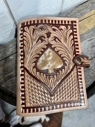 Tooled Leather Western Bible Cover with Cowhide Spade – Handcrafted Basketweave Design