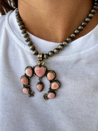 Pink Conch Heart Naja Pendant | German Silver Southwestern Statement Necklace